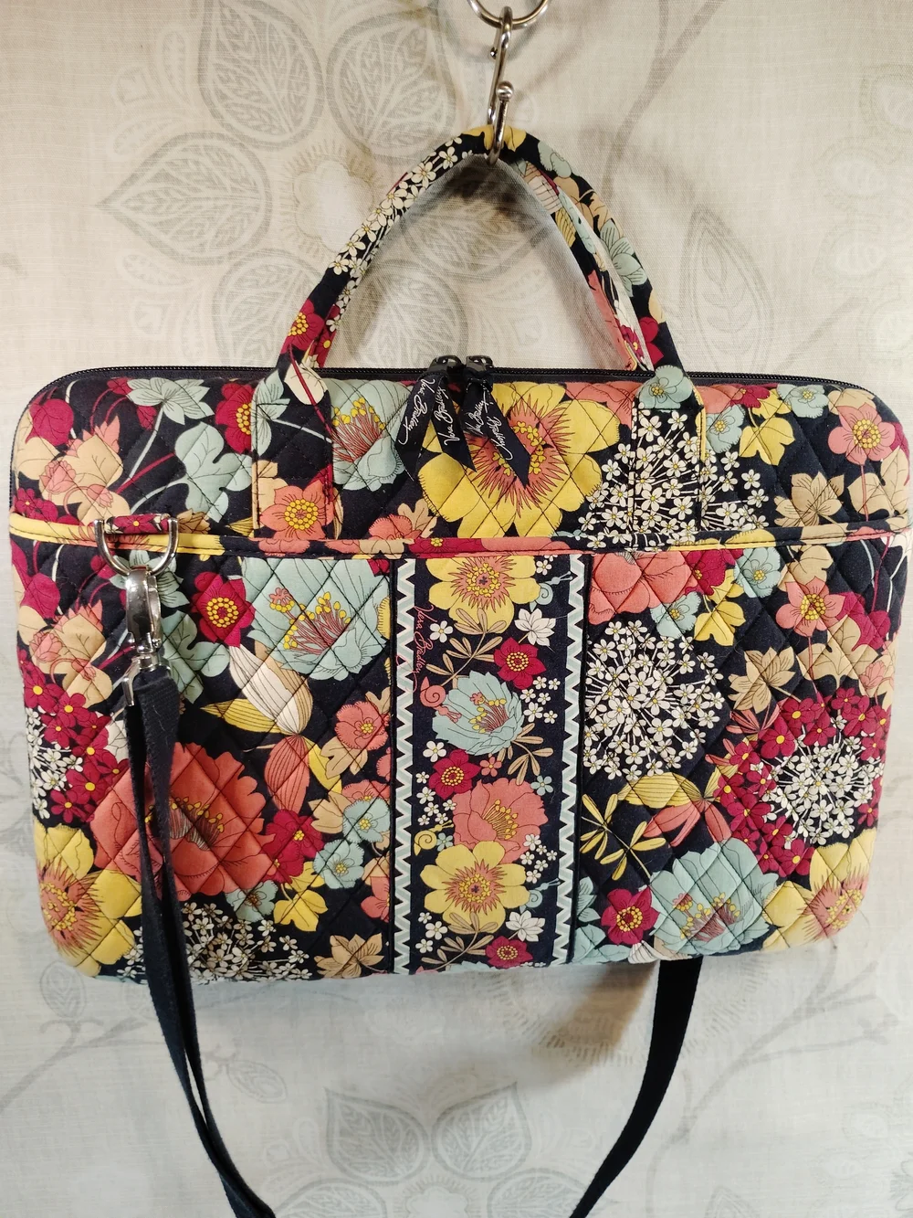 Vera Bradley Quilted Hardshell Laptop/Messenger Bag in Navy,Yellow, Red,